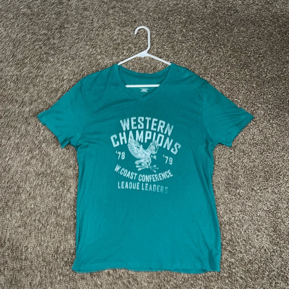 Western Champions Vintage OG V Neck Turquoise Green Blue White T Shirt